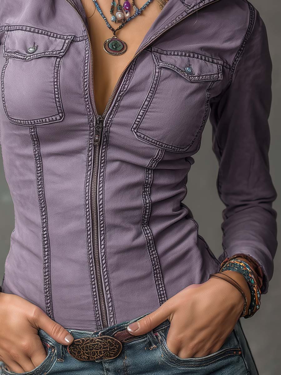 Vintage Washed Distressed Pocket Zipper Denim Blouse