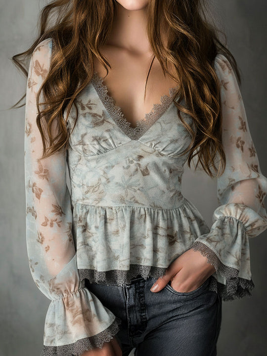 Elegant Dusty Blue Floral Lace-Trim Peplum Blouse With Sheer Sleeve