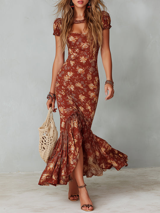 Retro Keyhole Collar Fishtail Hem Printed Maxi Dress