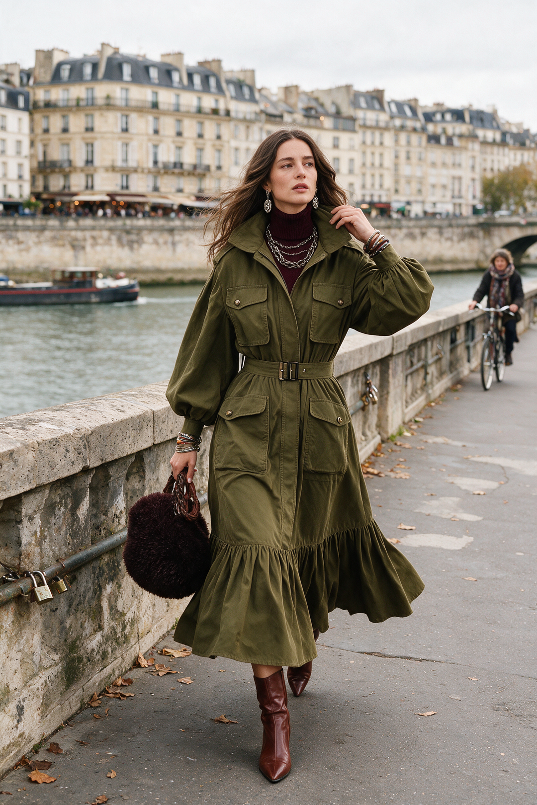 Vintage Belted Utility Cargo Pockets Trench Coat With Ruffle Hem