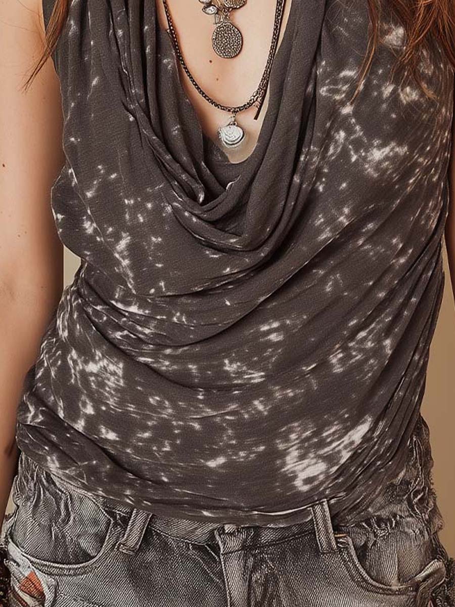 Boho Tie-Dye Print Cowl Neck Tank Top