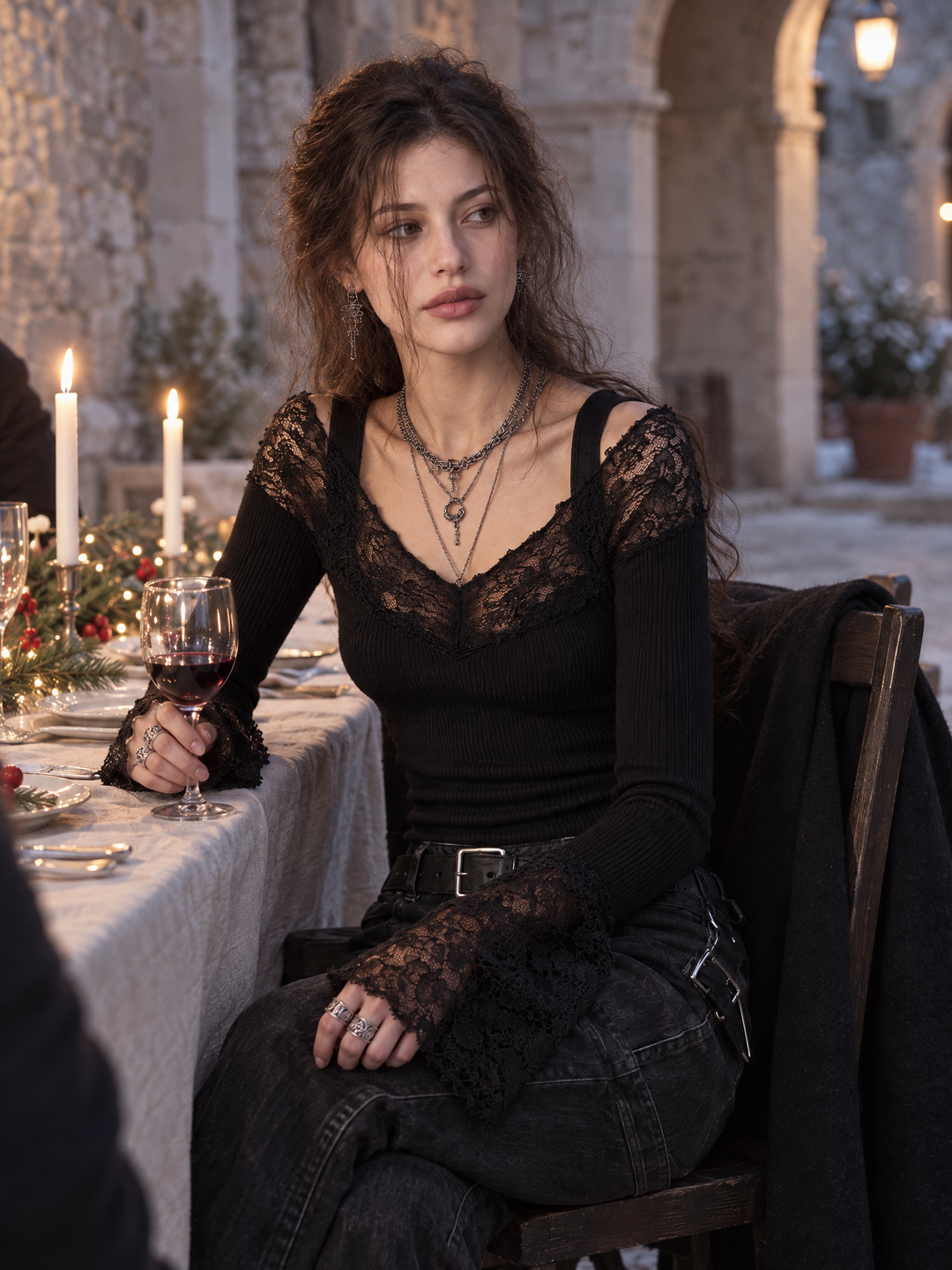 Gothic Lace Trim Cold Shoulder Long Sleeve Top with Fingerless Glove Cuffs