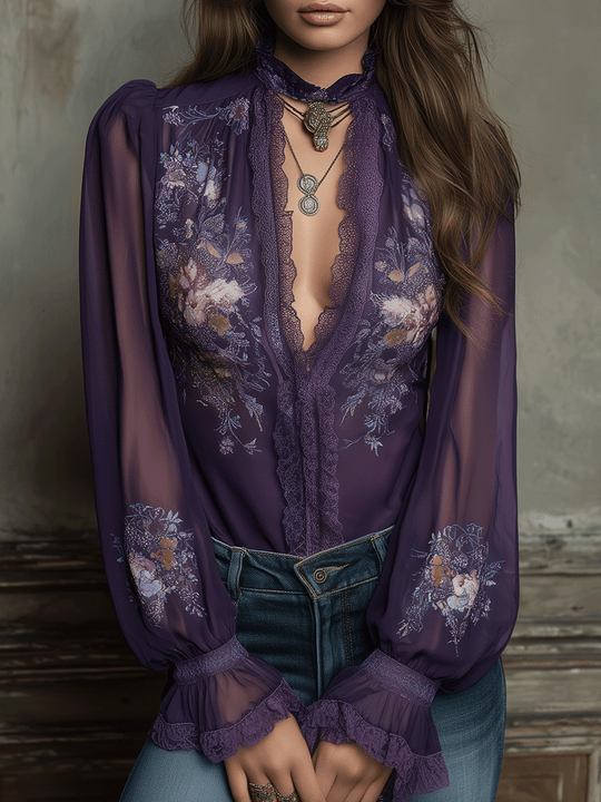 Vintage Violet Floral Lace Sheer Blouse