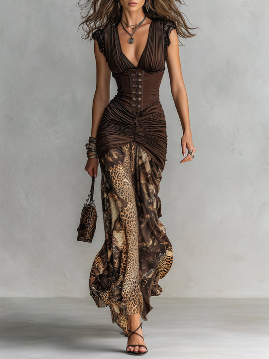 Vintage Corset Leopard Print Pleated Maxi Dress