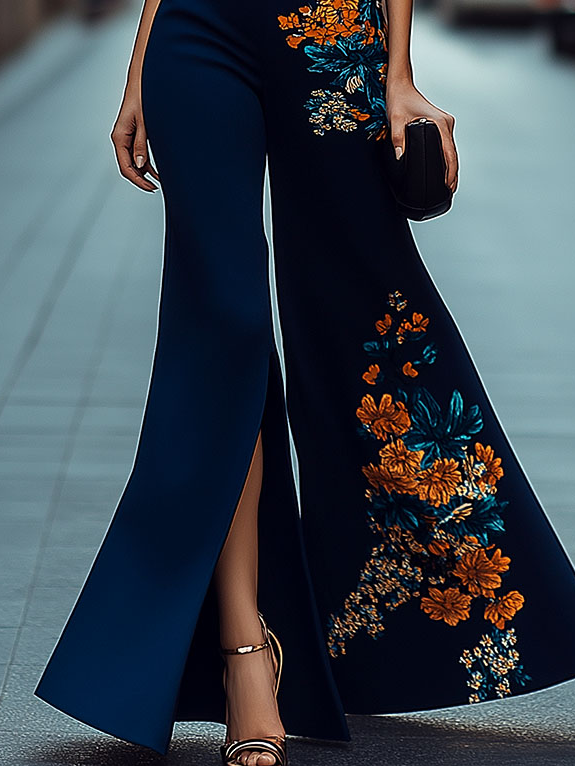 Elegant V-neck Floral Print Side Slits Flare Jumpsuit