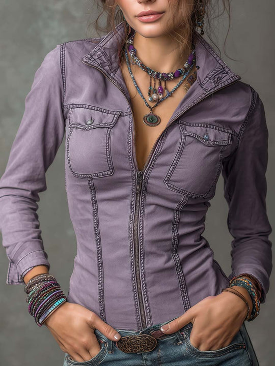 Vintage Washed Distressed Pocket Zipper Denim Blouse