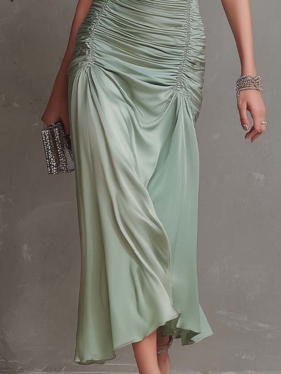 Elegant Sage Ruched Midi Dress