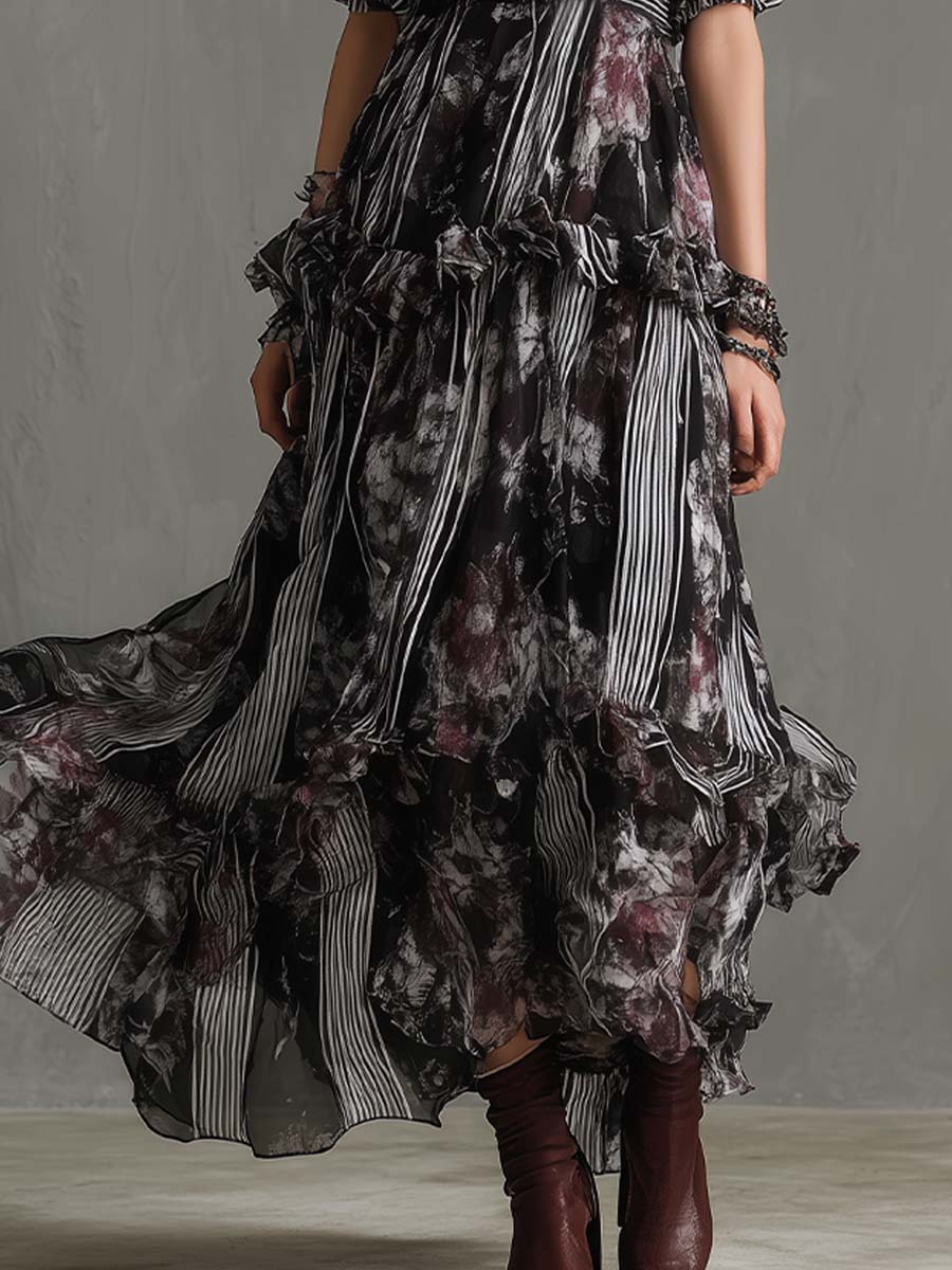 Dark Floral Pinstripe Ruffle Maxi Dress
