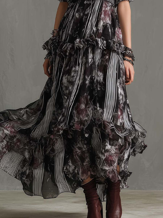 Dark Floral Pinstripe Ruffle Maxi Dress