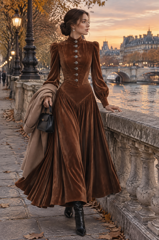 Vintage Brown Velvet Puff Long Sleeves Maxi Dress with Button Front