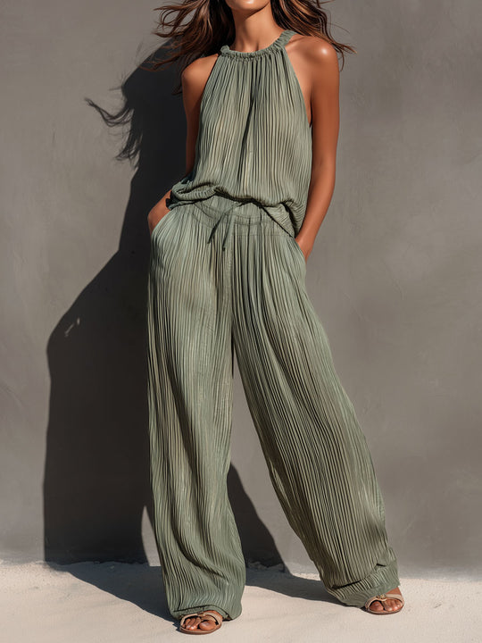 Boho Olive Pleated Halter Top And Wide Leg Pants Set