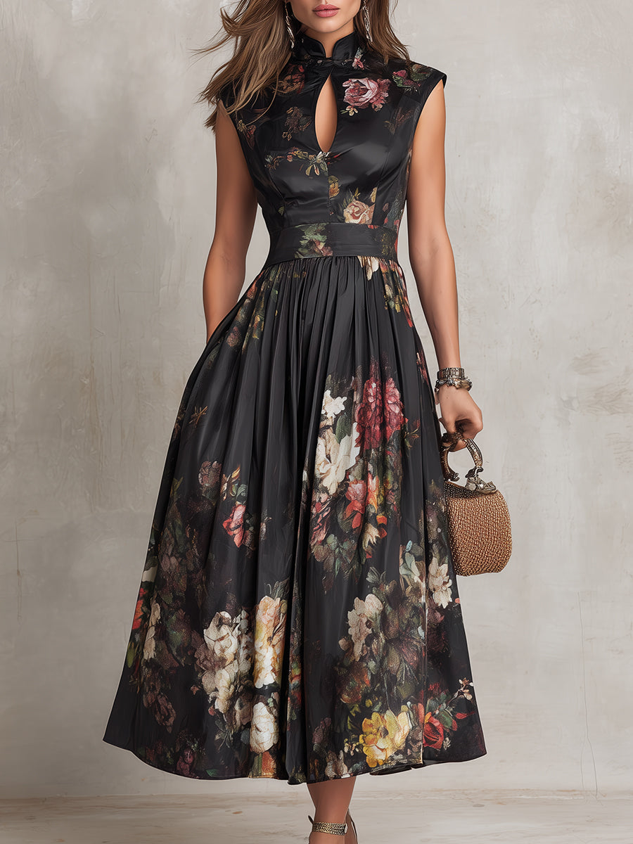 Elegant Keyhole Collar Pleated Satin Midi Dress