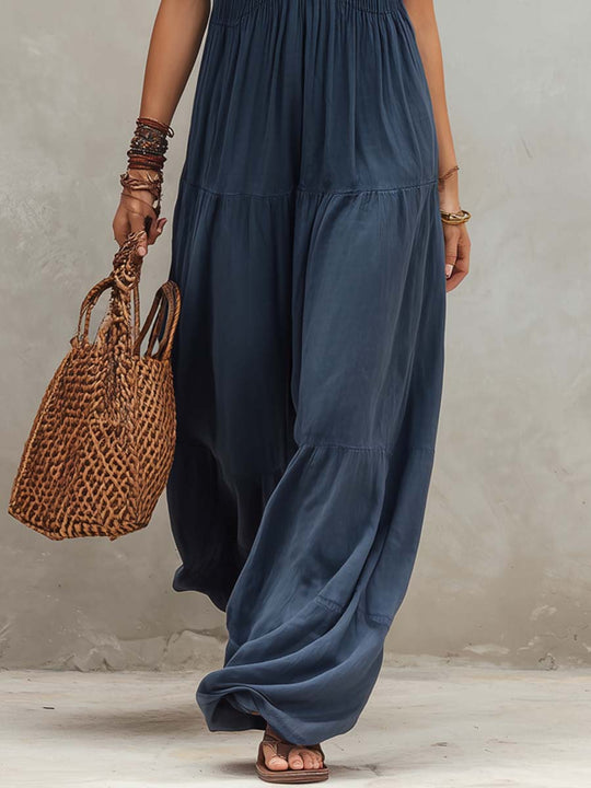 Retro Ruffle Neck Cotton And Linen Jumpsuit
