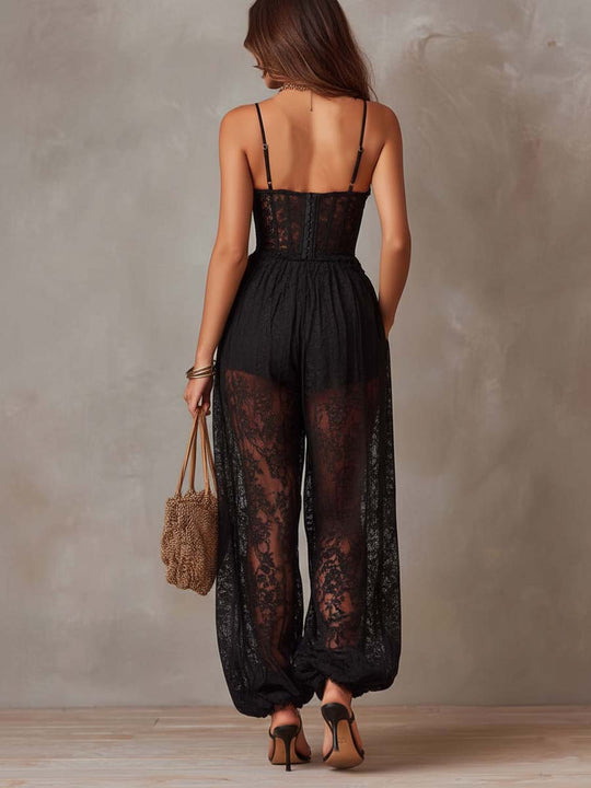 Vintage Lace Fabric Spaghetti-Strap Jumpsuit