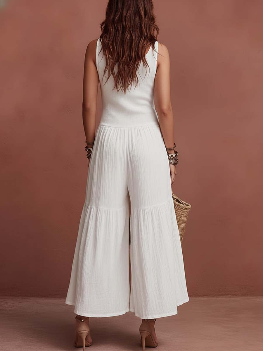 Retro Lace-Placket Crinkled Cotton-Linen Jumpsuit
