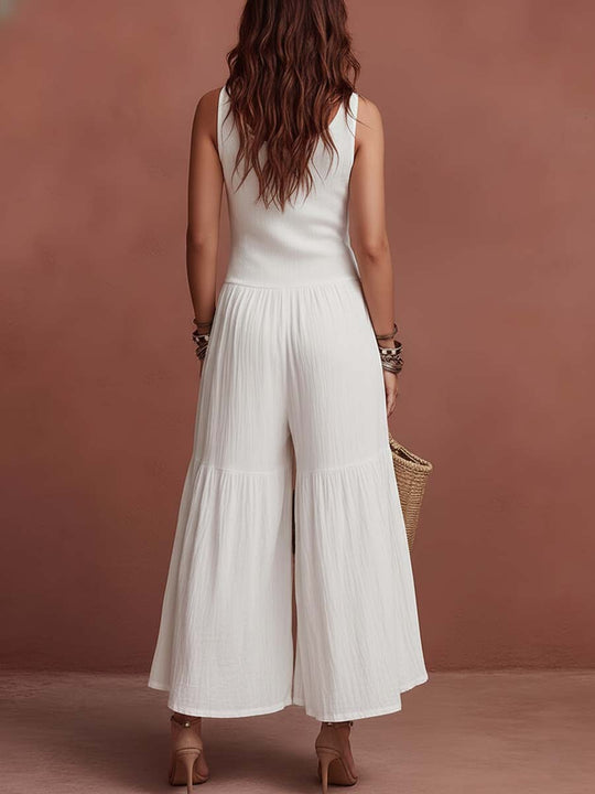 Retro Lace-Placket Crinkled Cotton-Linen Jumpsuit