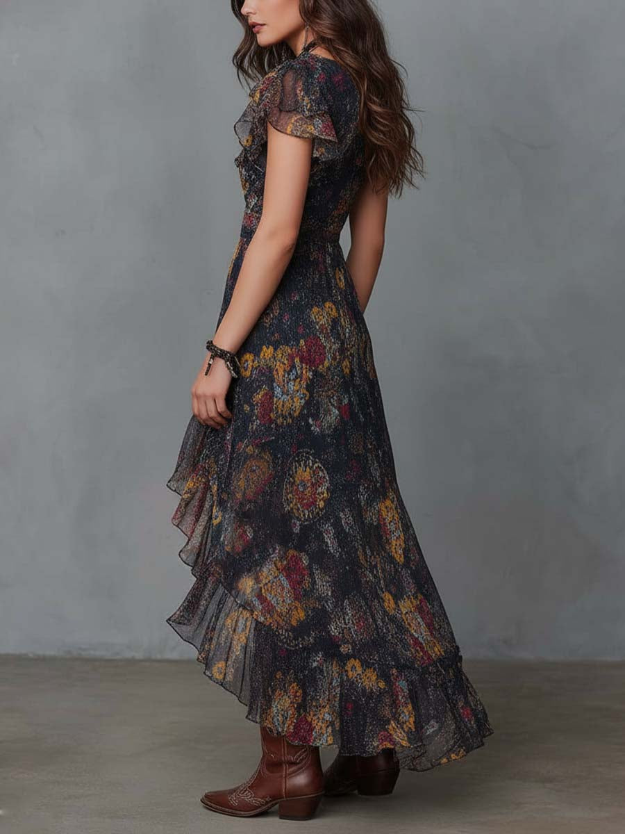 Retro Ethnic Print Chiffon Midi Dress