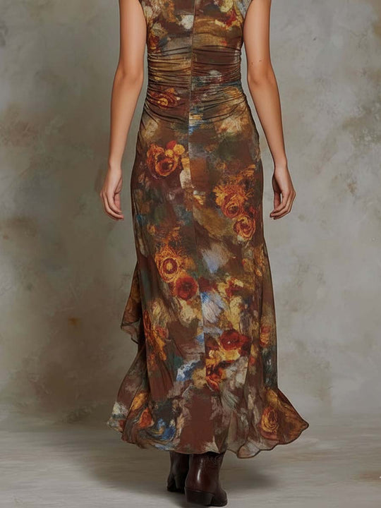 Retro Oil Painting Style Printed Drapped Midi Dress