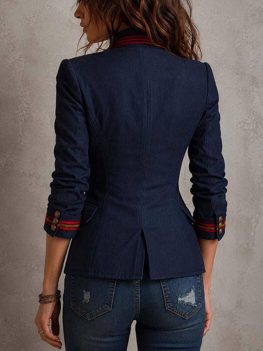 Retro Contrast Striped Cuffs Flap Pockets Blazer