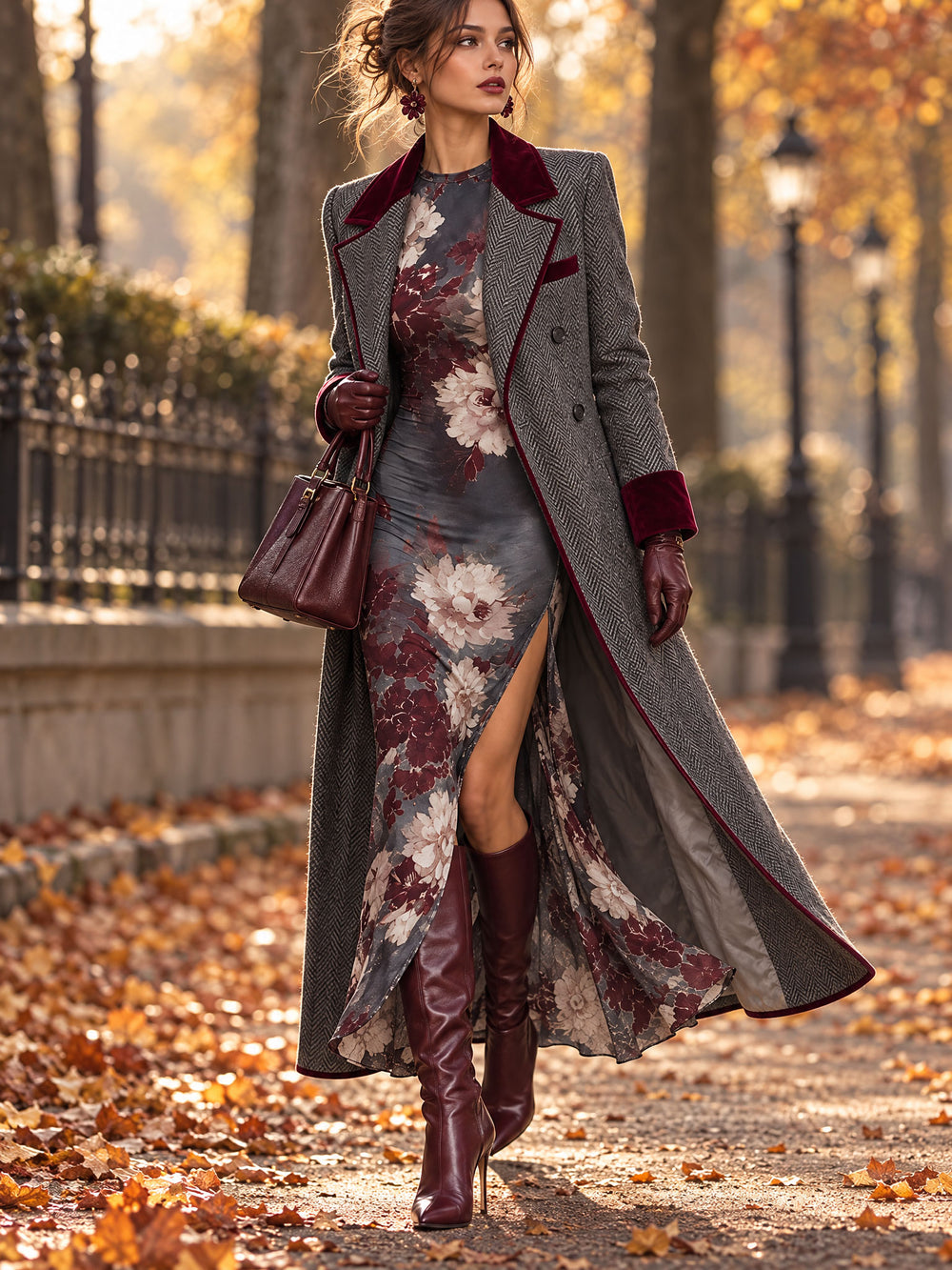 Charcoal Floral Print Long Sleeve High Slit Maxi Dress with Mermaid Hem