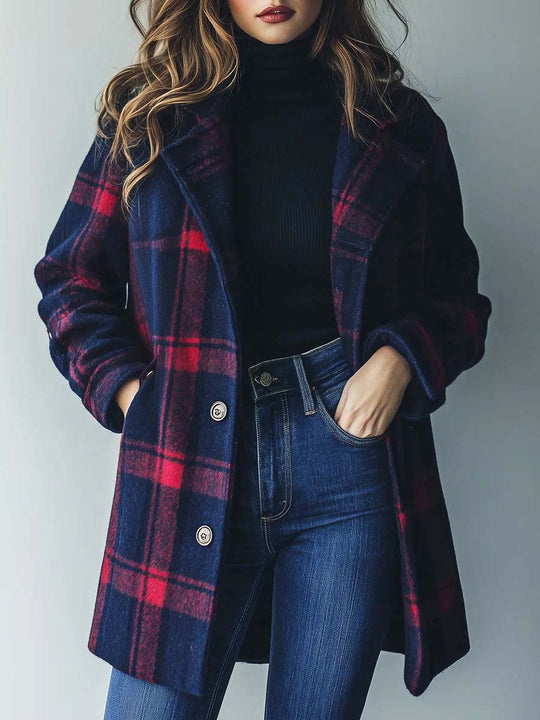 Daily Plaid Pattern Side Pockets Woolen Trench Coat