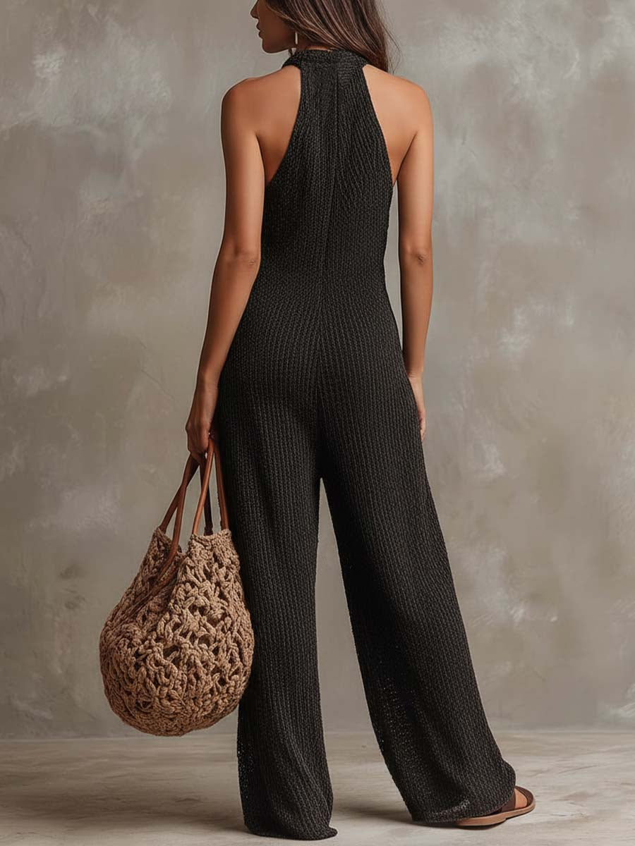 Halter Neck Button-up Sleeveless Knitted Jumpsuit