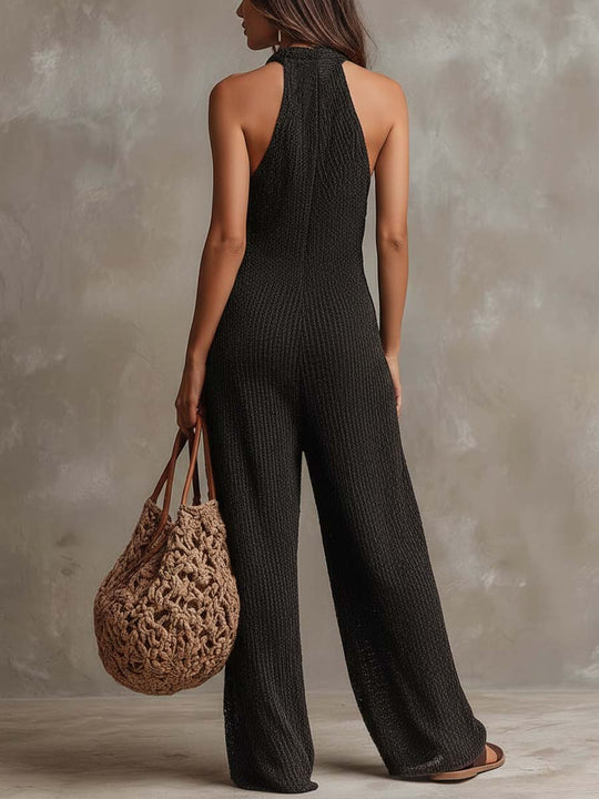 Halter Neck Button-up Sleeveless Knitted Jumpsuit
