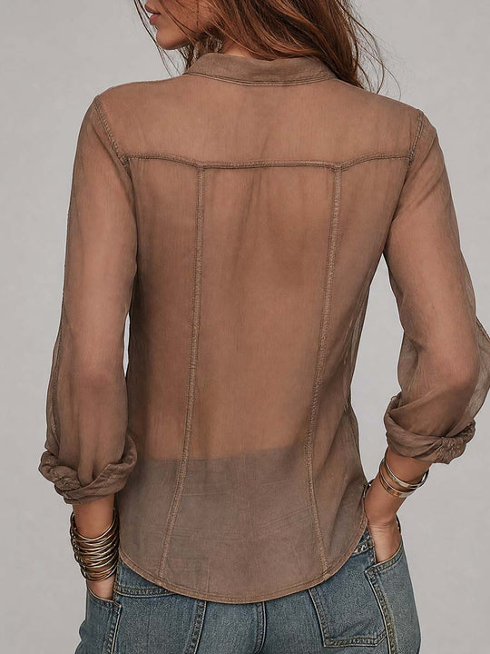 Vintage Zippered Collar Chiffon Blouse