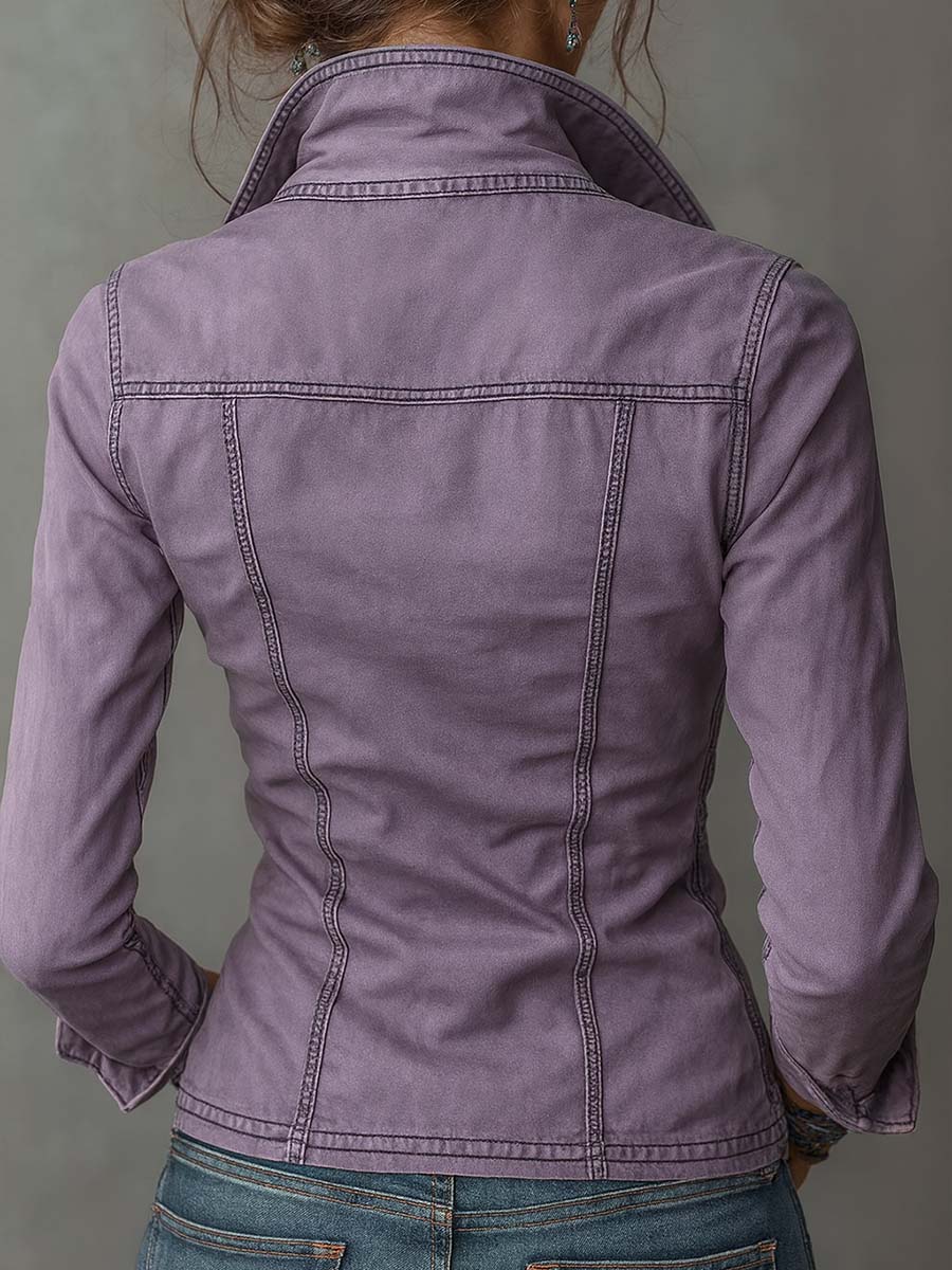 Vintage Washed Distressed Pocket Zipper Denim Blouse