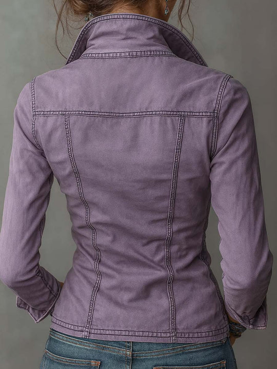 Vintage Washed Distressed Pocket Zipper Denim Blouse