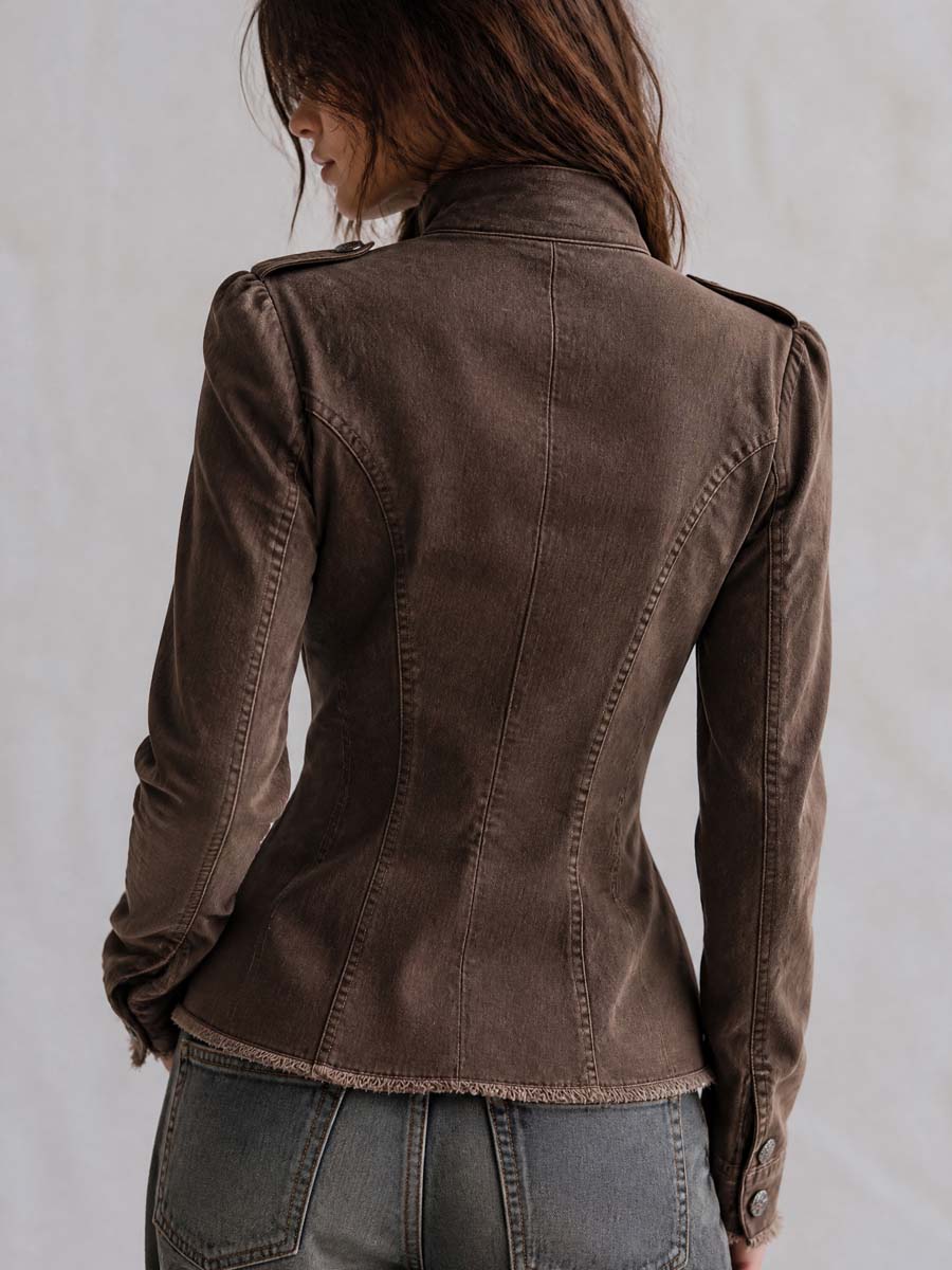 Distressed Double-breasted Denim Jacket