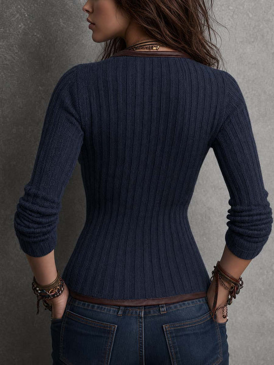 Faux Leather Contrast Trim Irregular Zipper Knit Jacket