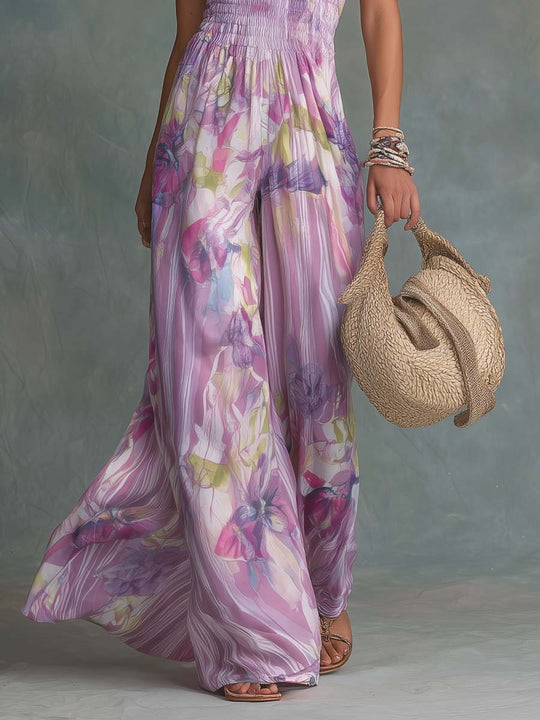 Bohemian Lilac Floral Halter Wide-Leg Jumpsuit