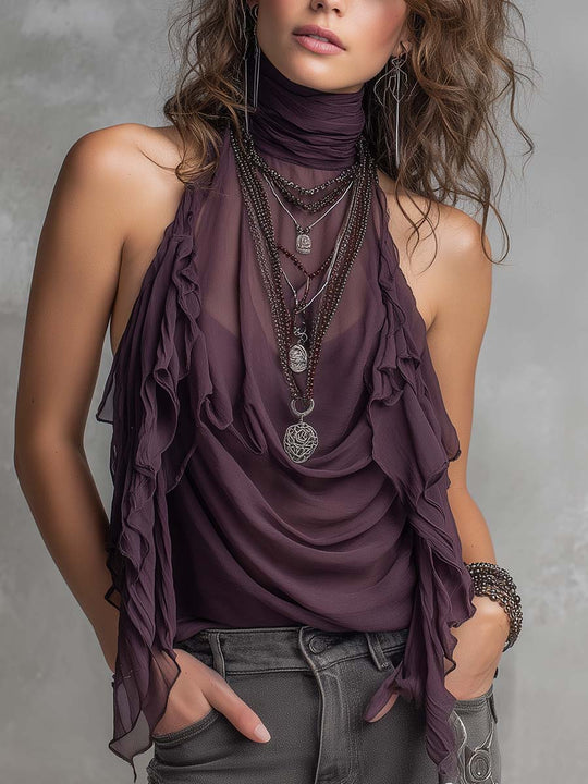 Bohemian Sheer Chiffon Ruffled Halter Top