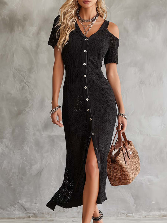 Retro Cold Shoulder Knitted Shirt Midi Dress