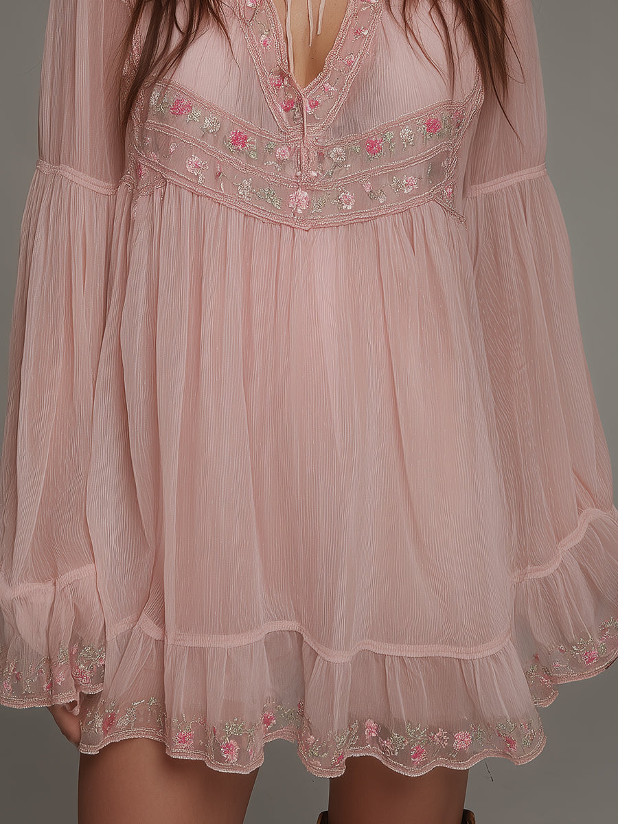 Romantic Chiffon Crinkle Embroidered Keyhole Neckline Mini Dress