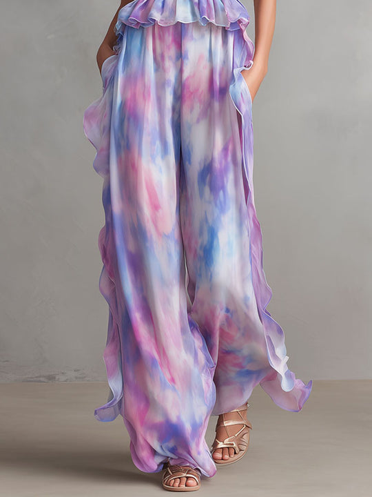 Boho Pastel Cloud Print Smocked Top And Ruffled Pants Set