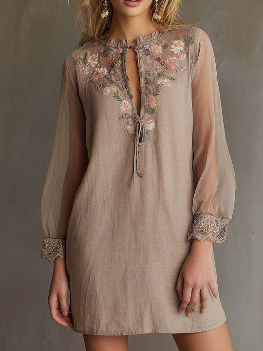 Vintage Cotton And Linen Embroidered Sheer Sleeves Mini Dress