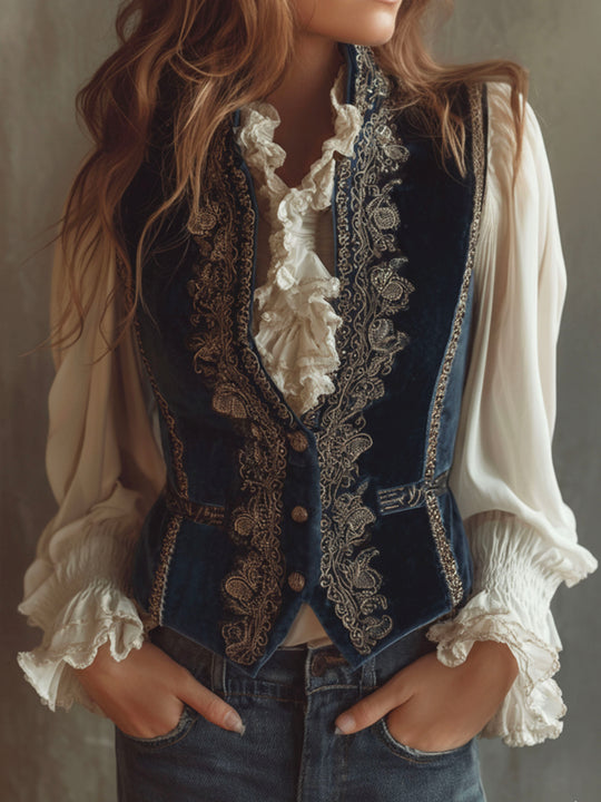 Vintage Baroque Navy Blue Velvet Embroidered Vest