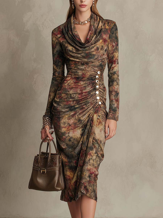 Vintage Floral Cowl Neck Metal Button Waist Midi Dress