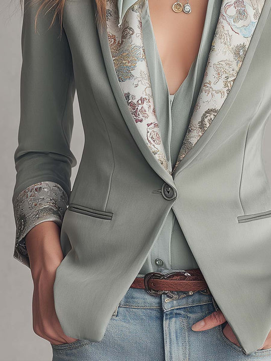 Satin-Trim Printed Lapel Tailored Blazer