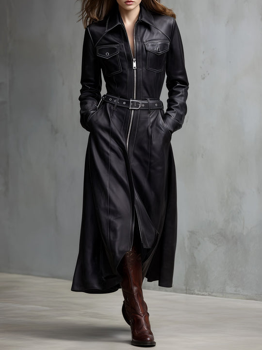 Utility Black Eco Leather Belted Zip-Front Maxi Coat Dress