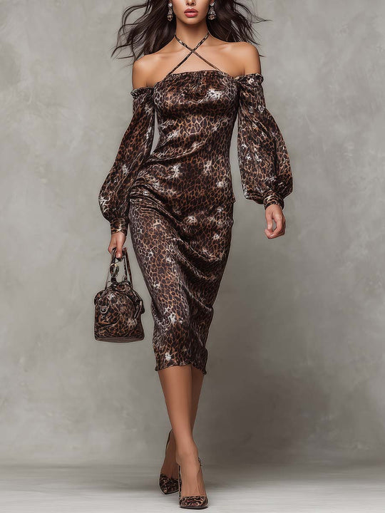 Mocha Leopard Stretch Satin Off-Shoulder Midi Dress