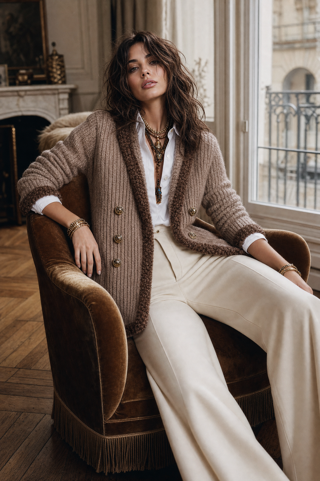 Women's Chunky Rib-Knit Double-Breasted Cardigan with Boucle Trim