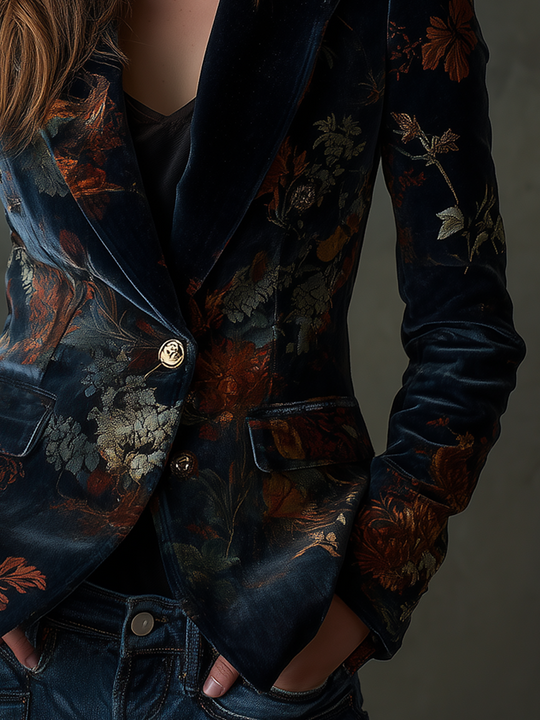 Vintage Floral Print Metal Button Polyester Velvet Blazer