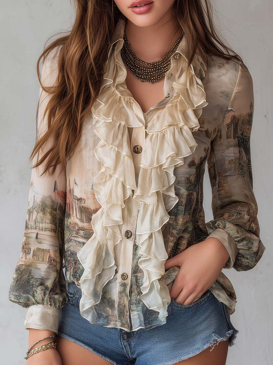 Retro Print Ruffled Long-Sleeve Shirt