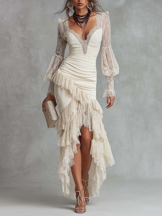 Vintage Boho Lace Asymmetrical Ruffle Dress