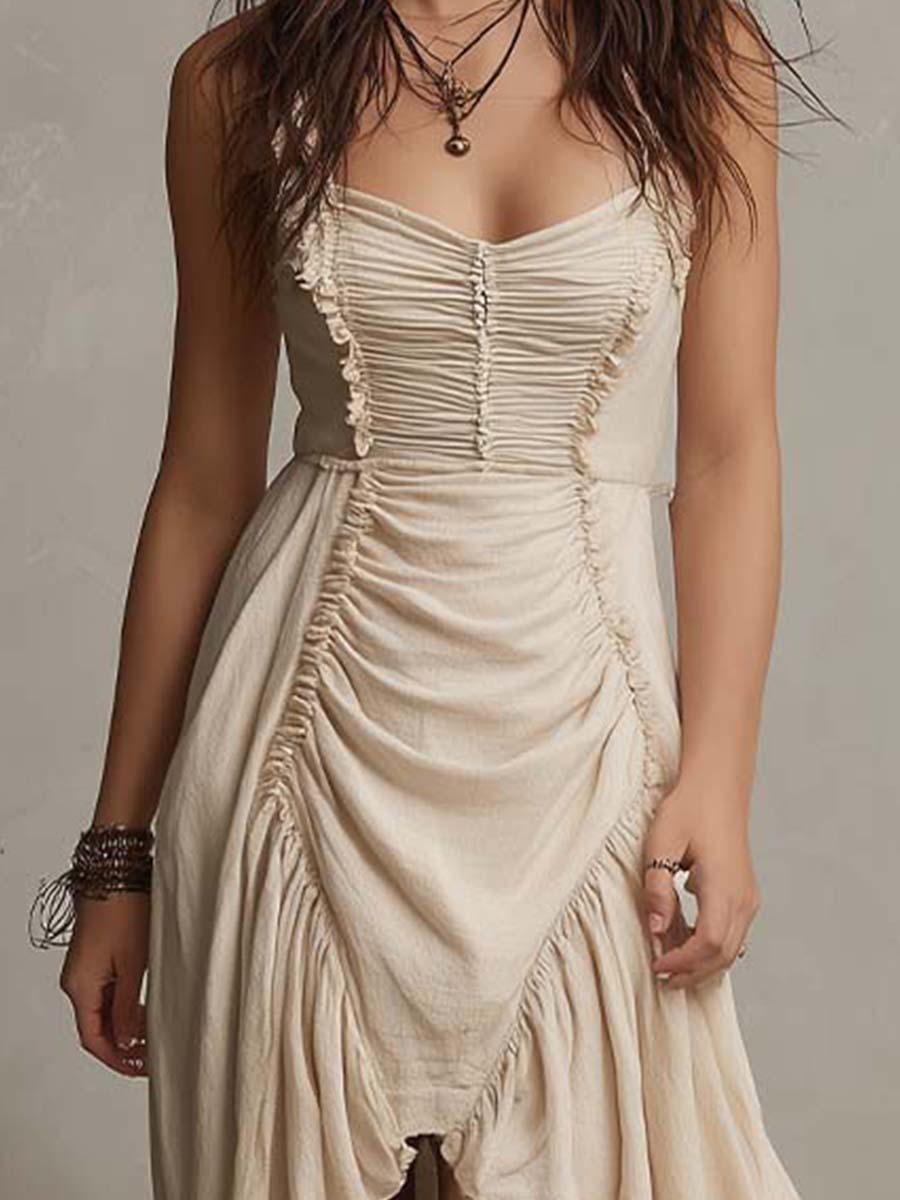 Ruched High-Low Boho Midi Dress – Soft Sand