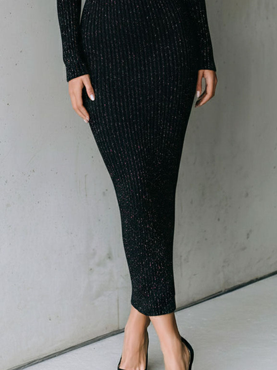 Quiet Lurex Black Glitter Ribbed Knit Dress With Asymmetric Shoulder Cutout