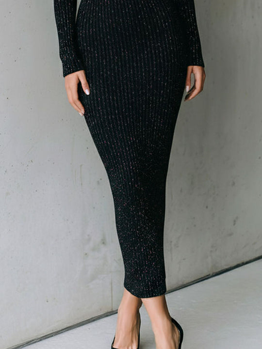 Quiet Lurex Black Glitter Ribbed Knit Dress With Asymmetric Shoulder Cutout